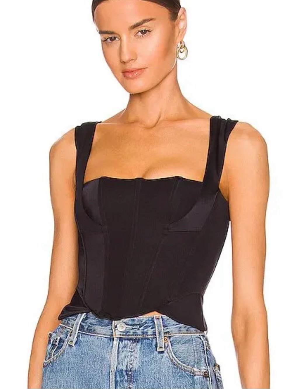 Women's Black Structured Corset Crop Top with Wide Straps - Black/Noir - L